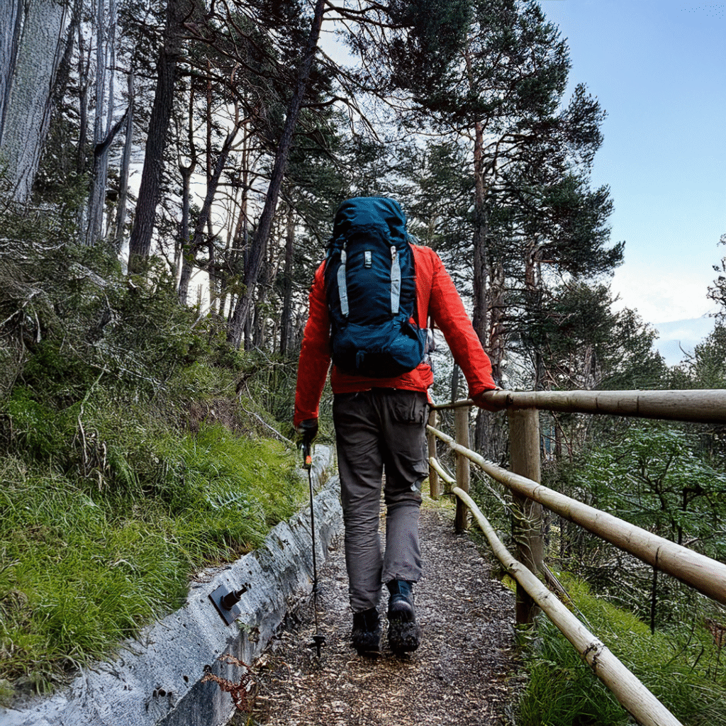 Hiker with a backpack and trekking poles walking along a forest trail with a wooden handrail, surrounded by the nature of the Dolomites. Wearing a red jacket, the person follows the path among tall trees under a clear sky.