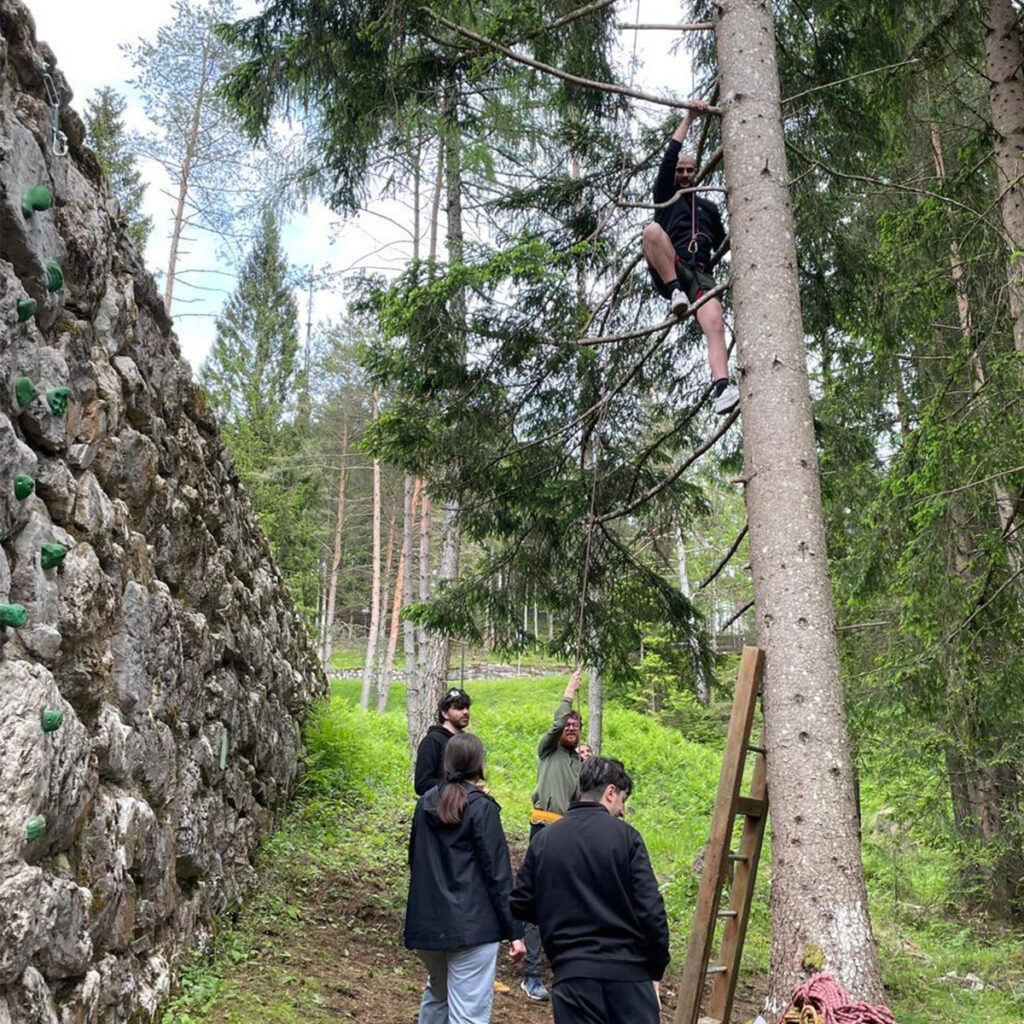 A participant climbs a tree while being supervised by a group. Next to him, the climbing wall and a wooden ladder.