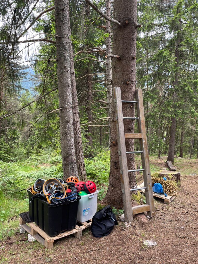 Caschi, imbraghi, corde e scala in legno disposti ai piedi degli alberi nel bosco attorno all’Hotel Boite, pronti per le attività di arrampicata e avventura all’aperto.