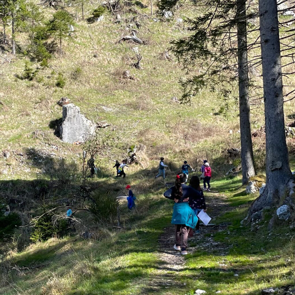 Gruppo di bambini e ragazzi che cammina e corre lungo un sentiero nel bosco, con mappe in mano, durante un’attività di esplorazione e orienteering.